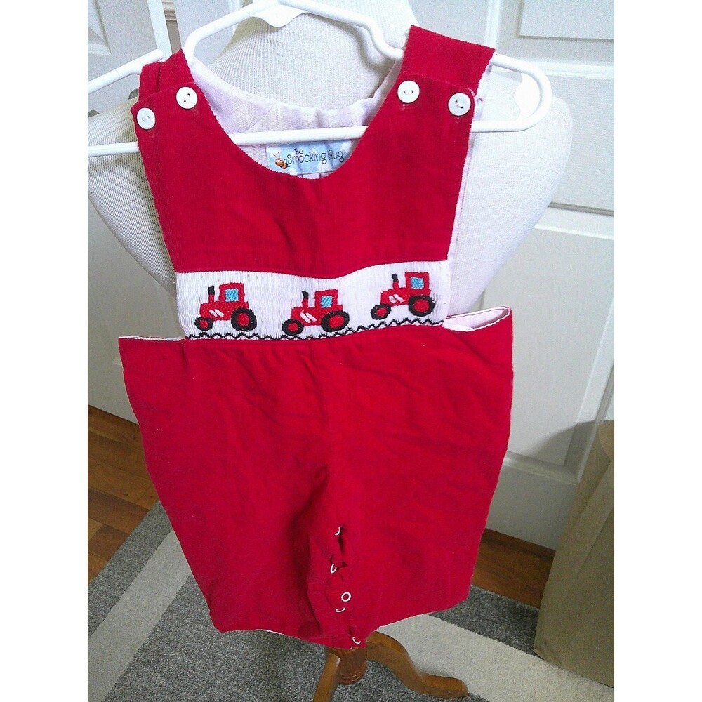 Smocking Bug Baby Boy’s Smocked Red Corduroy Romper with Tractors Size 12mo.